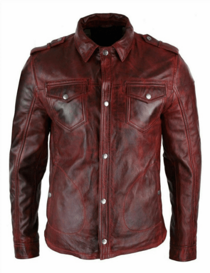 NOORA Mens Lambskin Brown Leather Motorcycle Shirt Jacket With Pocket | Shoulder Strap | ST021 - Noora International