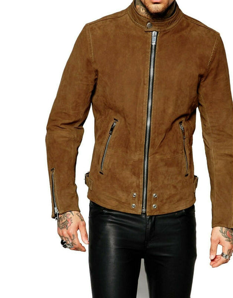 NOORA Mens Lambskin Brown Suede Biker Jacket With Zipper & Pocket | Band Collar | Zip On Sleeves | ST0128 - Noora International