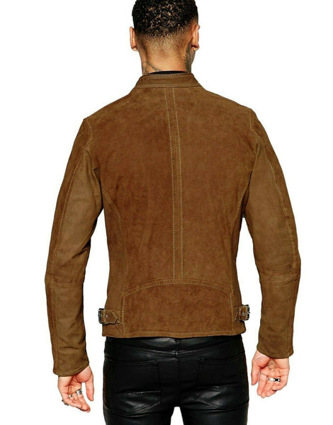 NOORA Mens Lambskin Brown Suede Biker Jacket With Zipper & Pocket | Band Collar | Zip On Sleeves | ST0128 - Noora International
