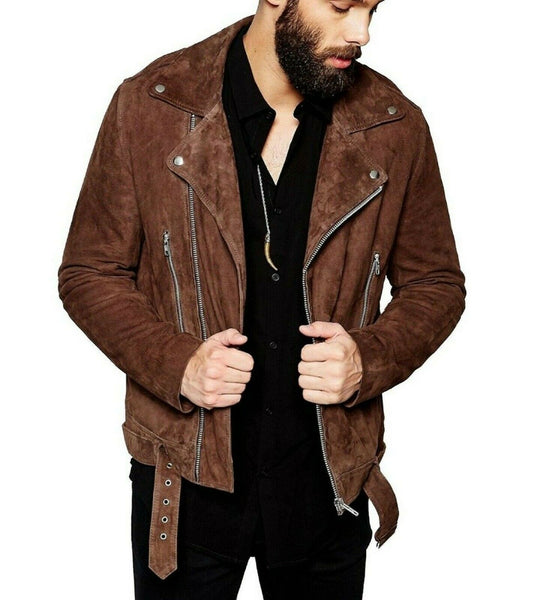 NOORA Mens Lambskin Brown Suede Biker Jacket With Zipper & Pocket| Belted Jacket| Zip On Sleeves| Shoulder Strap| ST19 - Noora International