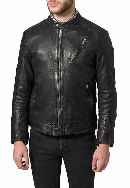 NOORA MENS Lambskin Casual BIKER CAFE RACER REAL LEATHER SLIM FIT JACKET NI-39 - Noora International