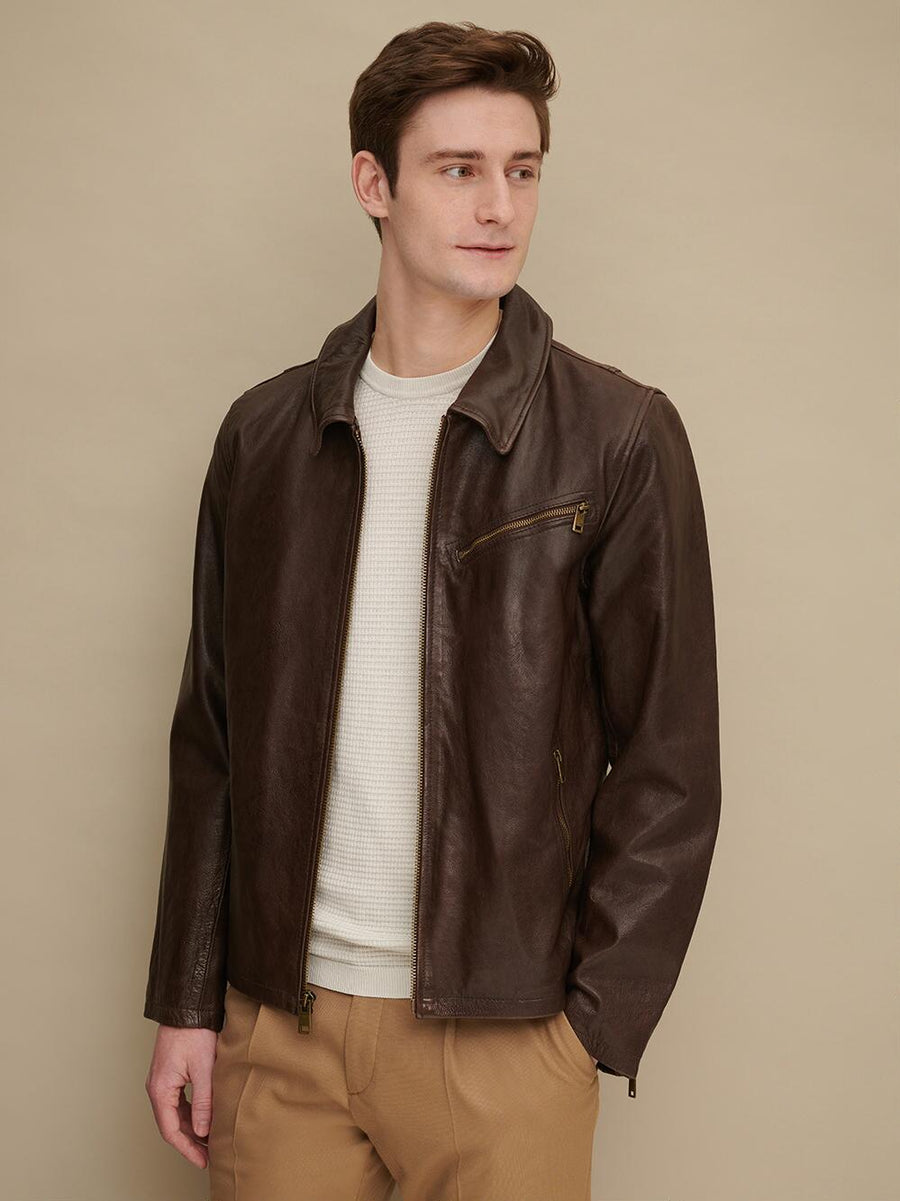 Men's Lambskin Dark Brown Leather Jacket, Collared Jacket, Slim Fit Jacket With Zipper & Pocket