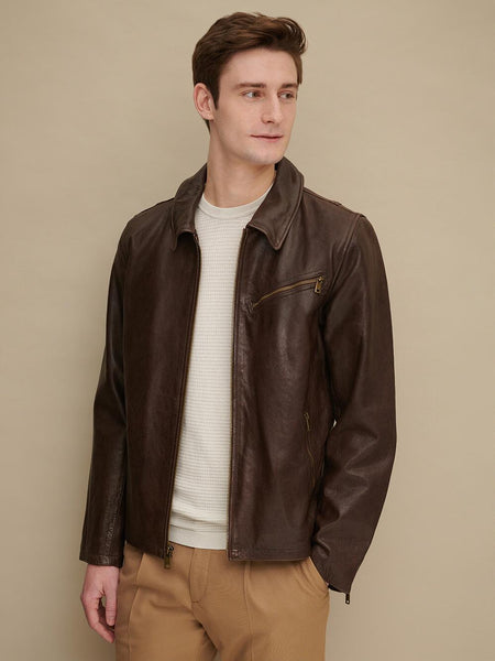 NOORA Men's Lambskin Dark Brown Leather Jacket , Collared Jacket , Slim Fit Jacket With Zipper & Pocket ST01 - Noora International