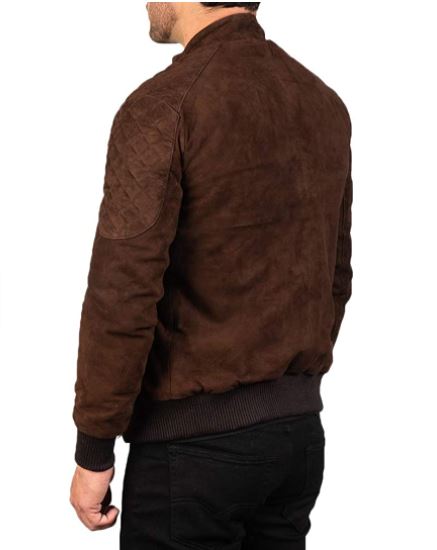 NOORA Men's Lambskin Dark Brown Suede Biker Jacket With Zipper & Pocket | Bomber Jacket | Band Collar Jacket - Noora International