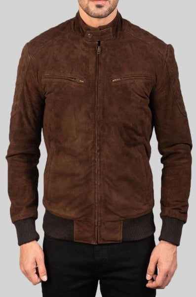NOORA Men's Lambskin Dark Brown Suede Biker Jacket With Zipper & Pocket | Bomber Jacket | Band Collar Jacket - Noora International