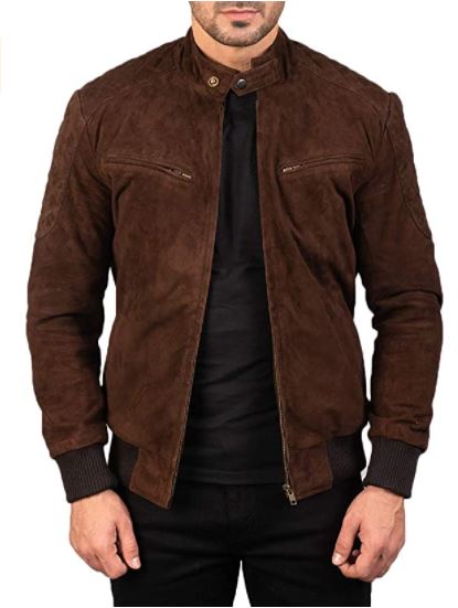 NOORA Men's Lambskin Dark Brown Suede Biker Jacket With Zipper & Pocket | Bomber Jacket | Band Collar Jacket - Noora International