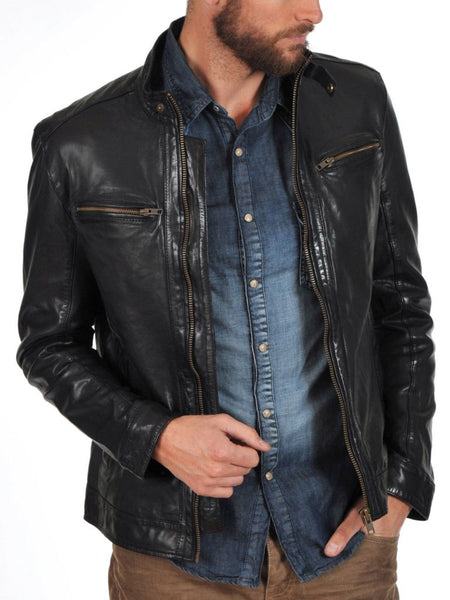 Noora Men’s Lambskin Dark Grey Leather Jacket With Zippers | Casual Biker Jacket - Noora International