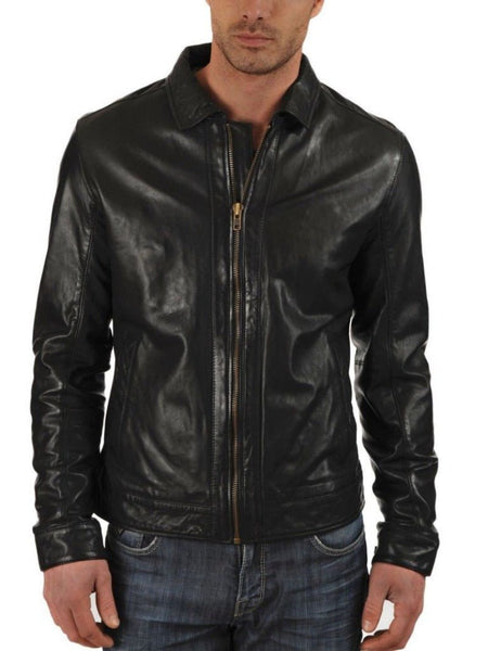Noora Mens Lambskin Glossy Black Leather jacket | Biker Leather Jacket | Fitted Casual Jacket With Collar YK087 - Noora International