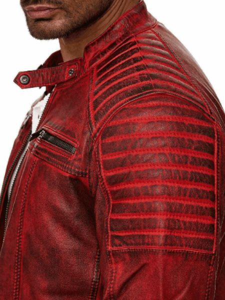 Noora Men's Lambskin Leather Antique Red Color Quilted Biker Jacket With Black Zipper & Pocket SU099 - Noora International