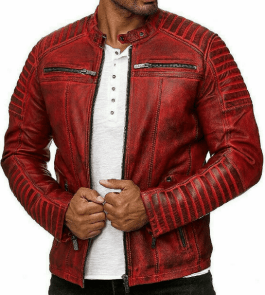 Noora Men's Lambskin Leather Antique Red Color Quilted Biker Jacket With Black Zipper & Pocket SU099 - Noora International