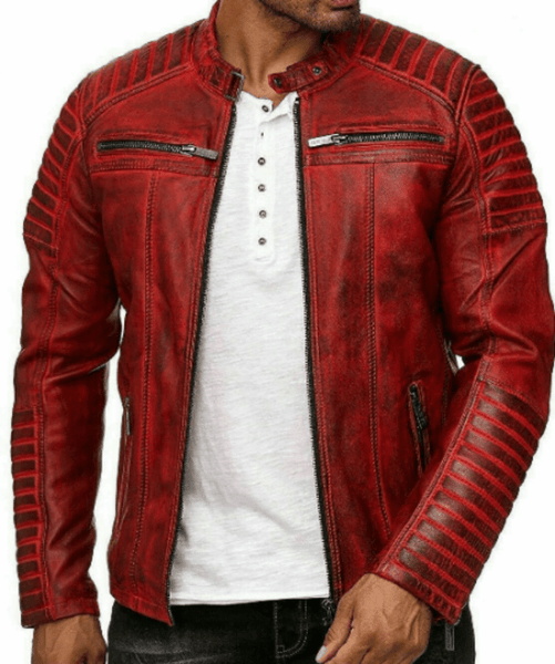 Noora Men's Lambskin Leather Antique Red Color Quilted Biker Jacket With Black Zipper & Pocket SU099 - Noora International