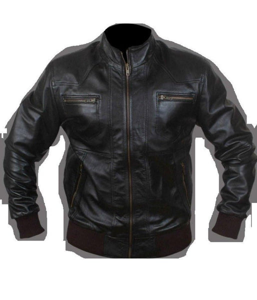Noora Men's Lambskin Leather Black Bomber Jacket With Zipper & Pocket | Black Western style leather Jacket SU037 - Noora International
