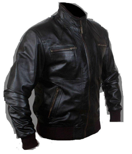 Noora Men's Lambskin Leather Black Bomber Jacket With Zipper & Pocket | Black Western style leather Jacket SU037 - Noora International