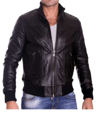 NOORA Men's Lambskin Leather Black Bomber Jacket With Zipper,Cafe Racer Riding ,Slim Fit | Stand Up Collar | rt125 - Noora International
