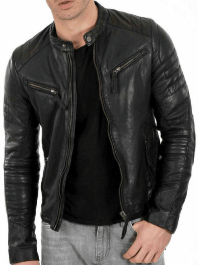 Noora Men's Lambskin Leather Black Jacket | Motorcycle Cafe Racer Jacket With Zipper Pockets | - Noora International