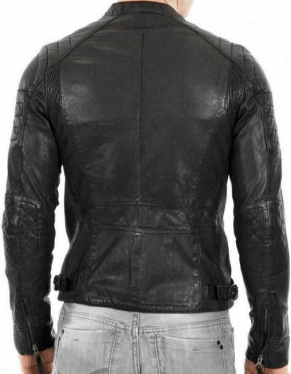 Noora Men's Lambskin Leather Black Jacket | Motorcycle Cafe Racer Jacket With Zipper Pockets | - Noora International
