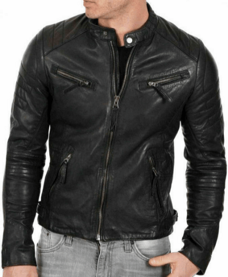 Noora Men's Lambskin Leather Black Jacket | Motorcycle Cafe Racer Jacket With Zipper Pockets | - Noora International