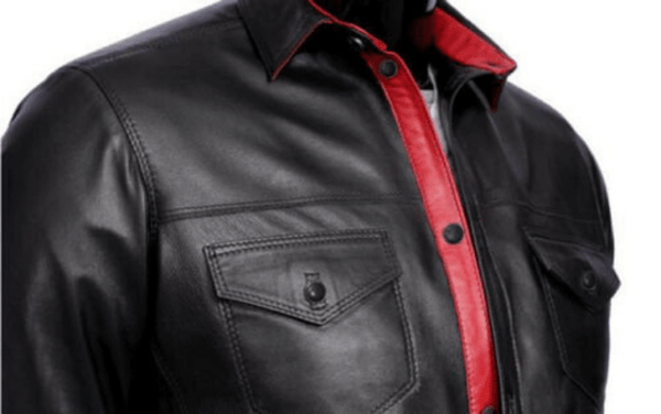 Noora Men's Lambskin Leather Black & Red Combination Leather Shirt | Black Leather Shirt | Color Block Leather Shirt SU0189 - Noora International
