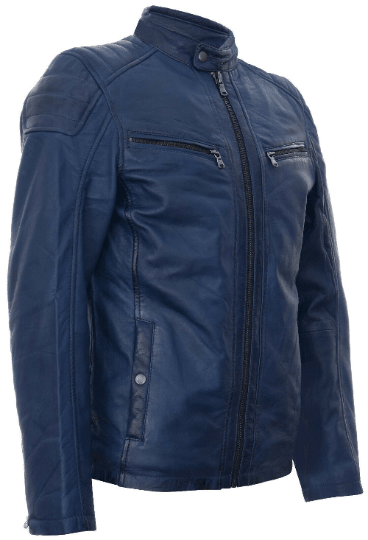 Noora Mens Lambskin Leather Blue Biker Racer Quilted Leather Jacket With YKK Zipper | Blue Leather Jacket SU0148 - Noora International