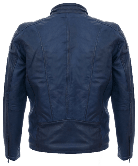 Noora Mens Lambskin Leather Blue Biker Racer Quilted Leather Jacket With YKK Zipper | Blue Leather Jacket SU0148 - Noora International
