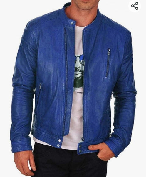 Noora mens lambskin leather Blue Stylish jacket with Zipper & Snap SK121 - Noora International