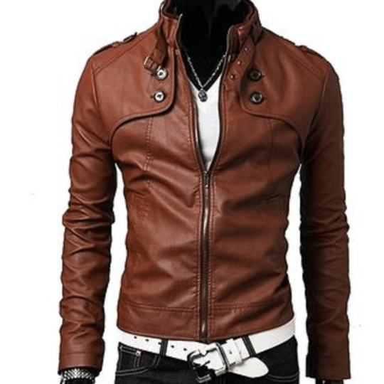 NOORA Mens Lambskin Leather Brown Color Motorcycle Jacket With Zipper | Belted Jacket ST014 - Noora International