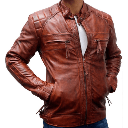 NOORA Men's Lambskin Leather Classic Diamond Brown Leather Jacket , Mens Quilted Jacket With Zipper & Pocket | rt345 - Noora International