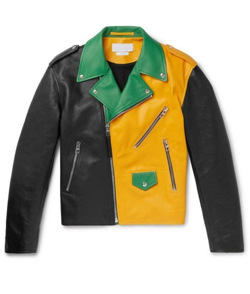 Noora Mens Lambskin Leather Color Block Leather Jacket | Multi Color Leather Jacket | Black & Yellow Biker Leather Jacket SU0181 - Noora International
