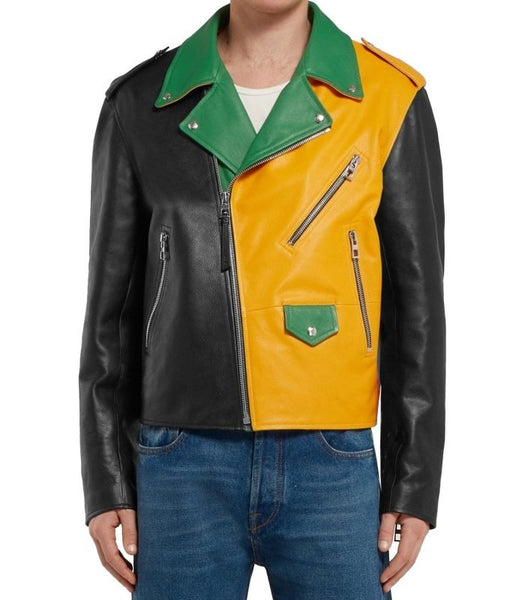Noora Mens Lambskin Leather Color Block Leather Jacket | Multi Color Leather Jacket | Black & Yellow Biker Leather Jacket SU0181 - Noora International