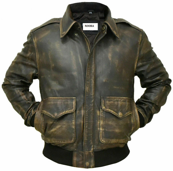 NOORA Mens Lambskin Leather Distressed Brown Leather Aviator Flight Jacket Zipper & Pocket | Bomber Jacket | Vintage Jacket | ST0176 - Noora International