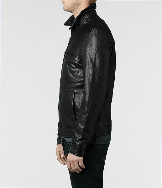 Noora Men’s Lambskin Leather Jacket Black | Classic Motorcycle Biker Fitted Leather Jacket with Band Collar - Noora International