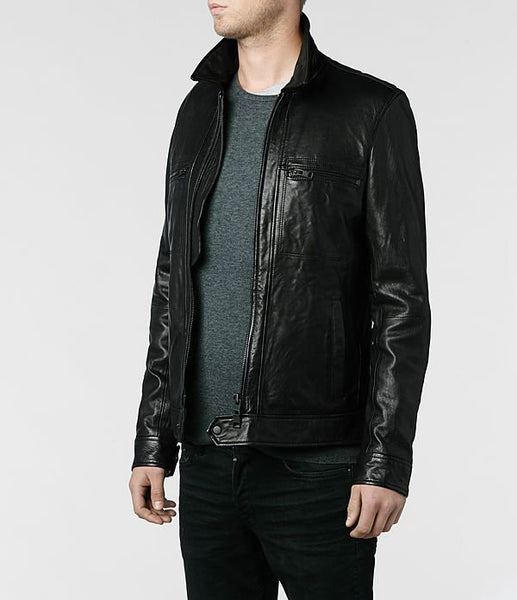 Noora Men’s Lambskin Leather Jacket Black | Classic Motorcycle Biker Fitted Leather Jacket with Band Collar - Noora International