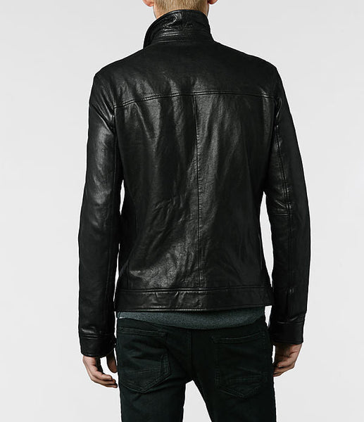 Noora Men’s Lambskin Leather Jacket Black | Classic Motorcycle Biker Fitted Leather Jacket with Band Collar - Noora International