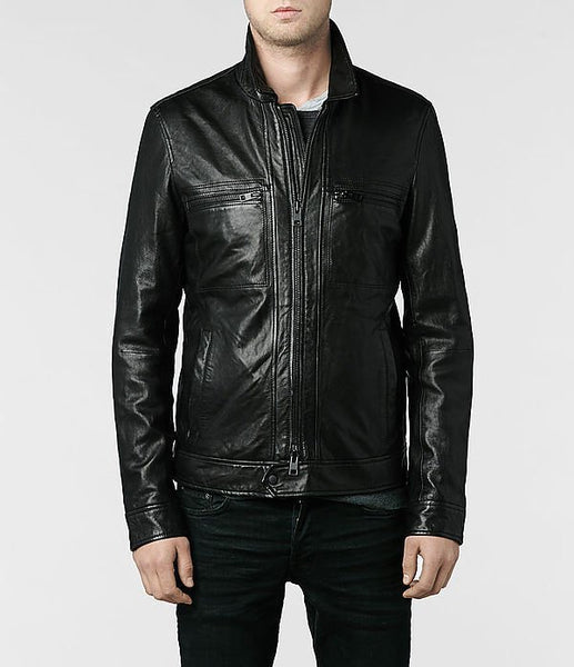 Noora Men’s Lambskin Leather Jacket Black | Classic Motorcycle Biker Fitted Leather Jacket with Band Collar - Noora International