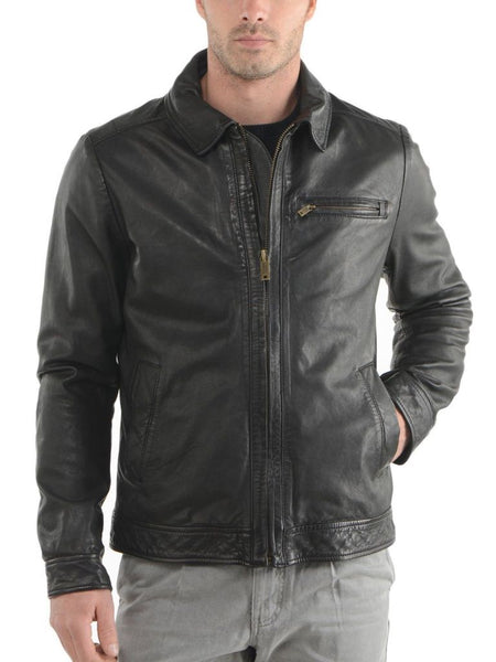 Noora Men's Lambskin Leather Jacket Down Collar with Pockets and Zippers Real Black Jacket Leather BS156 - Noora International