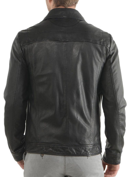Noora Men's Lambskin Leather Jacket Down Collar with Pockets and Zippers Real Black Jacket Leather BS156 - Noora International