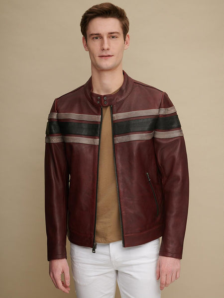 NOORA Men's Lambskin Leather Maroon Biker Jacket With Black Strips, Racer Jacket & Zipper Slim-Fit Casual Leather Jacket - Noora International