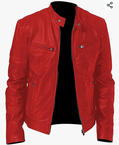 Noora Mens lambskin leather Red Stylish jacket with Zipper & Snap & Stand Collare Jacket SK122 - Noora International