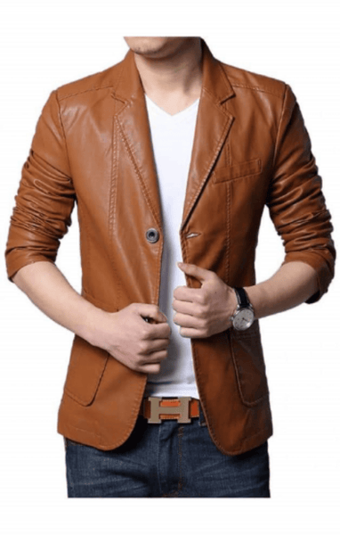 Noora Men's Lambskin Leather Tan Brown Formal Meeting Wear Blazer With Two Button Designer Office Wear Formal Blazer SU0913 - Noora International