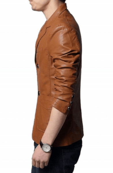 Noora Men's Lambskin Leather Tan Brown Formal Meeting Wear Blazer With Two Button Designer Office Wear Formal Blazer SU0913 - Noora International
