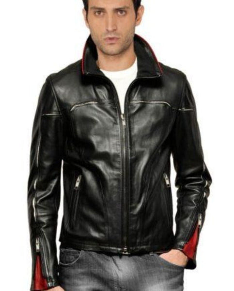 Noora Men's Lambskin Leather Trendy Look Slim fit Motorcycle Biker Jacket Designer Black With Red Combination Leather Jacket SU09 - Noora International