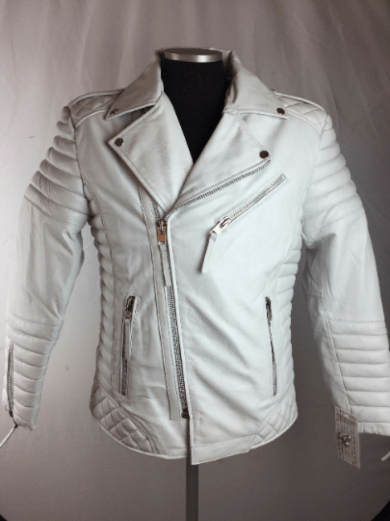 Men's Lambskin Leather White Quilted Biker Jacket With Zipper Pocket White Rider Leather Jacket – view 2