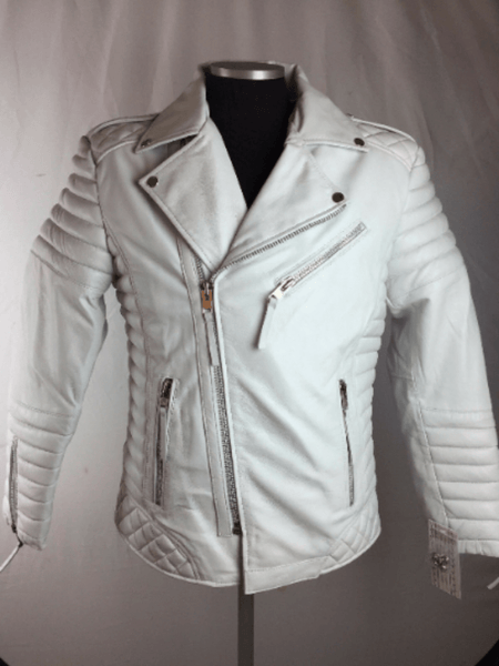 Noora Men's Lambskin Leather White Quilted Biker Jacket With Zipper Pocket White Rider Leather Jacket SU0412 - Noora International