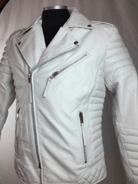 Noora Men's Lambskin Leather White Quilted Biker Jacket With Zipper Pocket White Rider Leather Jacket SU0412 - Noora International