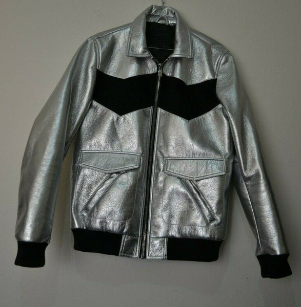 NOORA Mens Lambskin Metallic Silver & Black Leather Jacket, Bomber Biker Cafe Racer Slim Fit, Color Block Jacket YK0242 - Noora International
