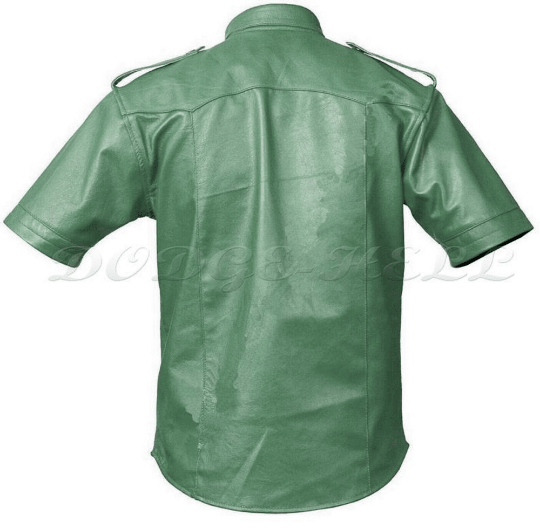 NOORA Mens Lambskin Olive Green Leather Shirt , Police Style Shirt Jacket With Button & Pocket | Shoulder Strap | rt147 - Noora International