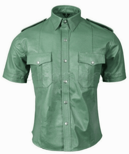 NOORA Mens Lambskin Olive Green Leather Shirt , Police Style Shirt Jacket With Button & Pocket | Shoulder Strap | rt147 - Noora International