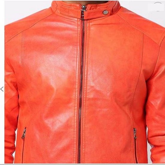 Noora Men's Lambskin Orange Leather Jacket | Biker Motorcycle Jacket | Handmade jacket | Men's Stylish Jacket | Slim Fit Jacket | SK 01 - Noora International