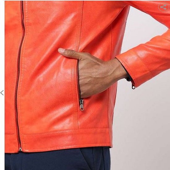 Noora Men's Lambskin Orange Leather Jacket | Biker Motorcycle Jacket | Handmade jacket | Men's Stylish Jacket | Slim Fit Jacket | SK 01 - Noora International