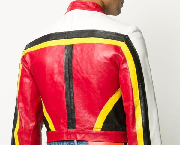 Noora Men's Lambskin Red, Black, Yellow & White fit Motorcycle style Color Block Leather Jacket YK0243 - Noora International